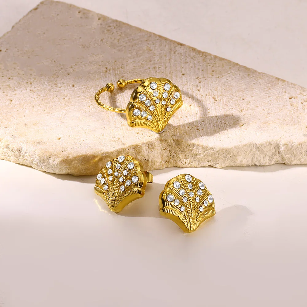 

Fashion Pearl Shell Earrings Ring Set For Women Gold Color Open Adjustable Shell Earring Ring Jewelry Party Gift Anillos Mujer