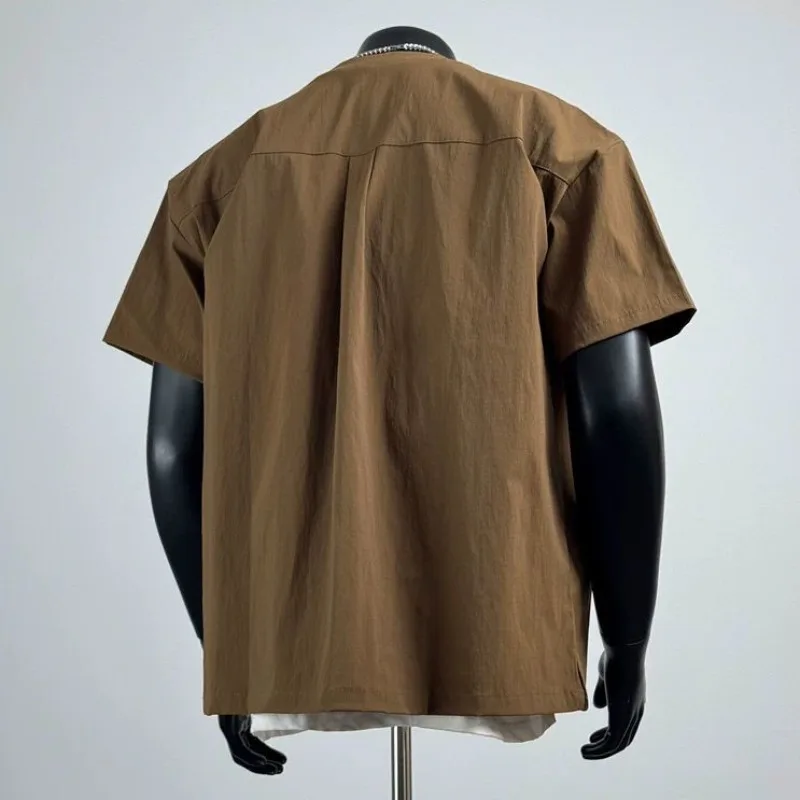 Japanese Style Quick Drying Workwear Collarless Short Sleeved Shirt Men's Summer Button Up Shirt Versatile Half Sleeved Top