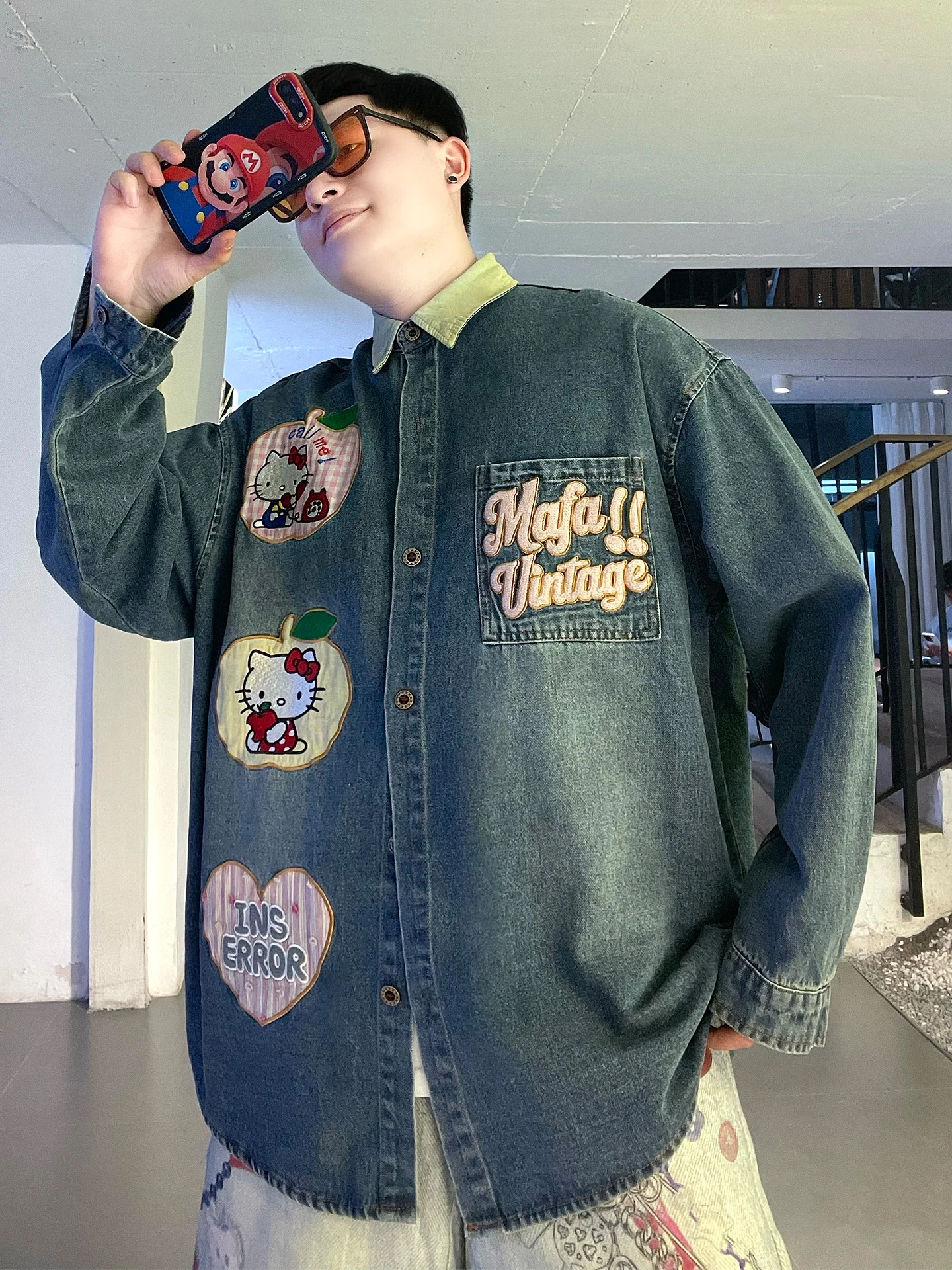 

American Sle Retro Kit Embroidered Waed Denim irt Loose Fit Men's Faionable Casual Long Sve Button up Top