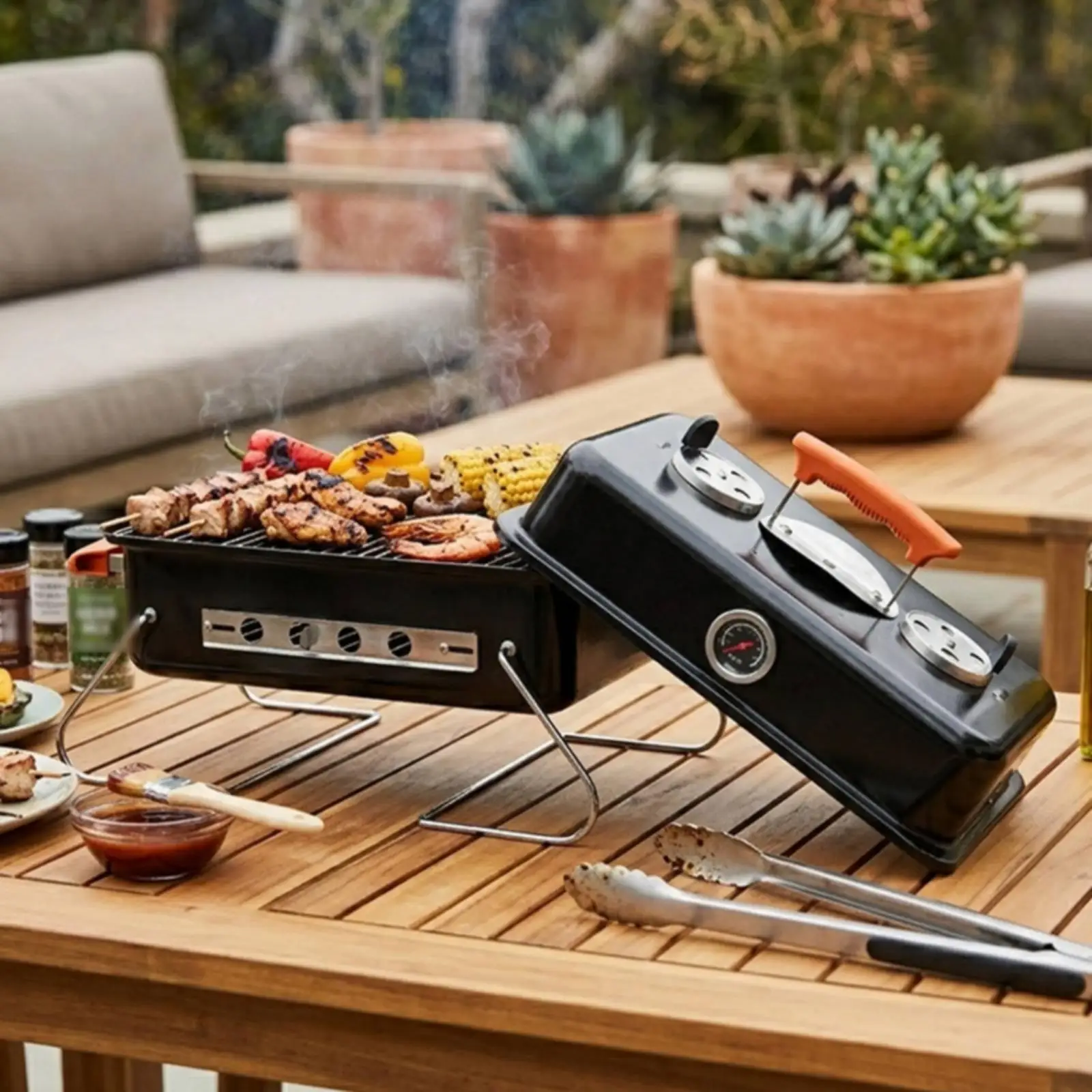 Black Metal Portable Folding Grill Compact Foldable BBQ Grill with Orange Handles for Outdoor Camping Use