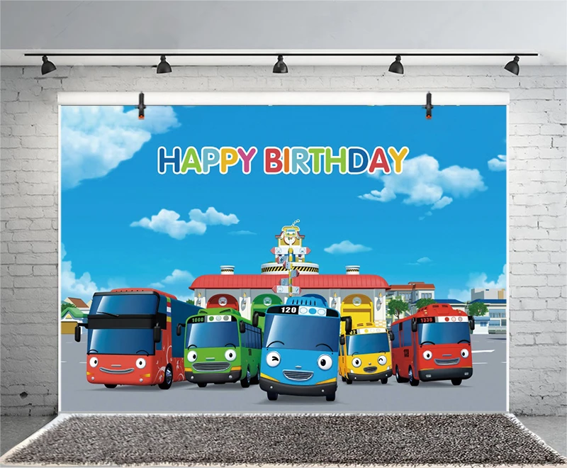 Tayo Little Bus Backdrop Boy Runway Racing Cars Happy Birthday Party 1st Photography Background Photo Banner Decoration