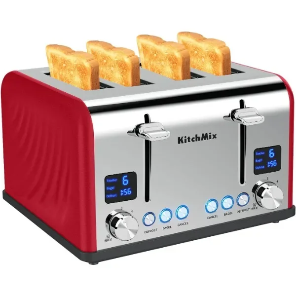 

Toaster 4 Slice, KitchMix Bagel Stainless Toaster with LCD Timer, Extra Wide Slots, Dual Screen, Removal Crumb Tray (Red)