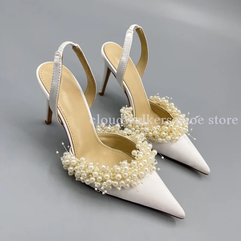 Graceful White Pearl String Bead Silk Satin Point Toe Sandal Slingback Back Strap Stiletto Sandal New Design Sense Wedding Shoes
