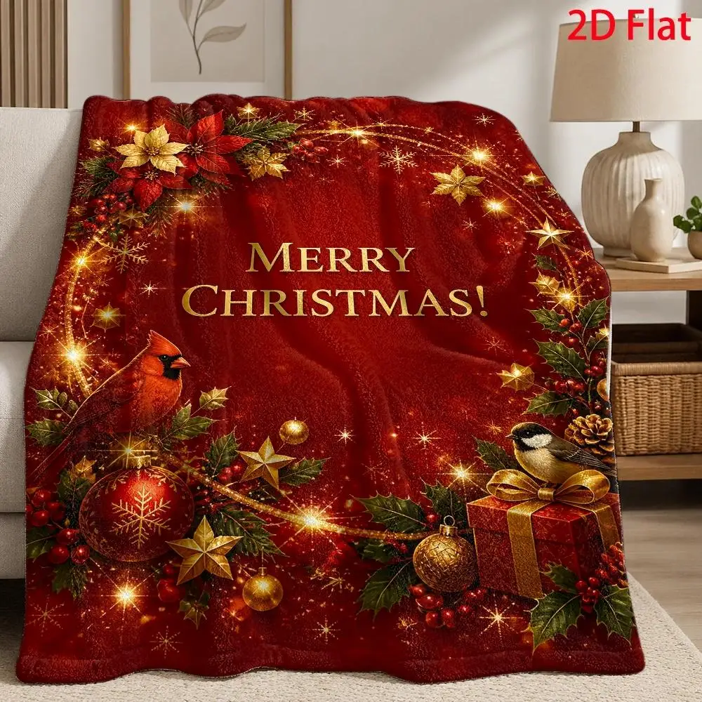 Merry Christmas Blanket Red Flannel Throw Cardinal Bird Flower Star Gift Box Ultra-Soft Luxury Fleece Blanket for Coach