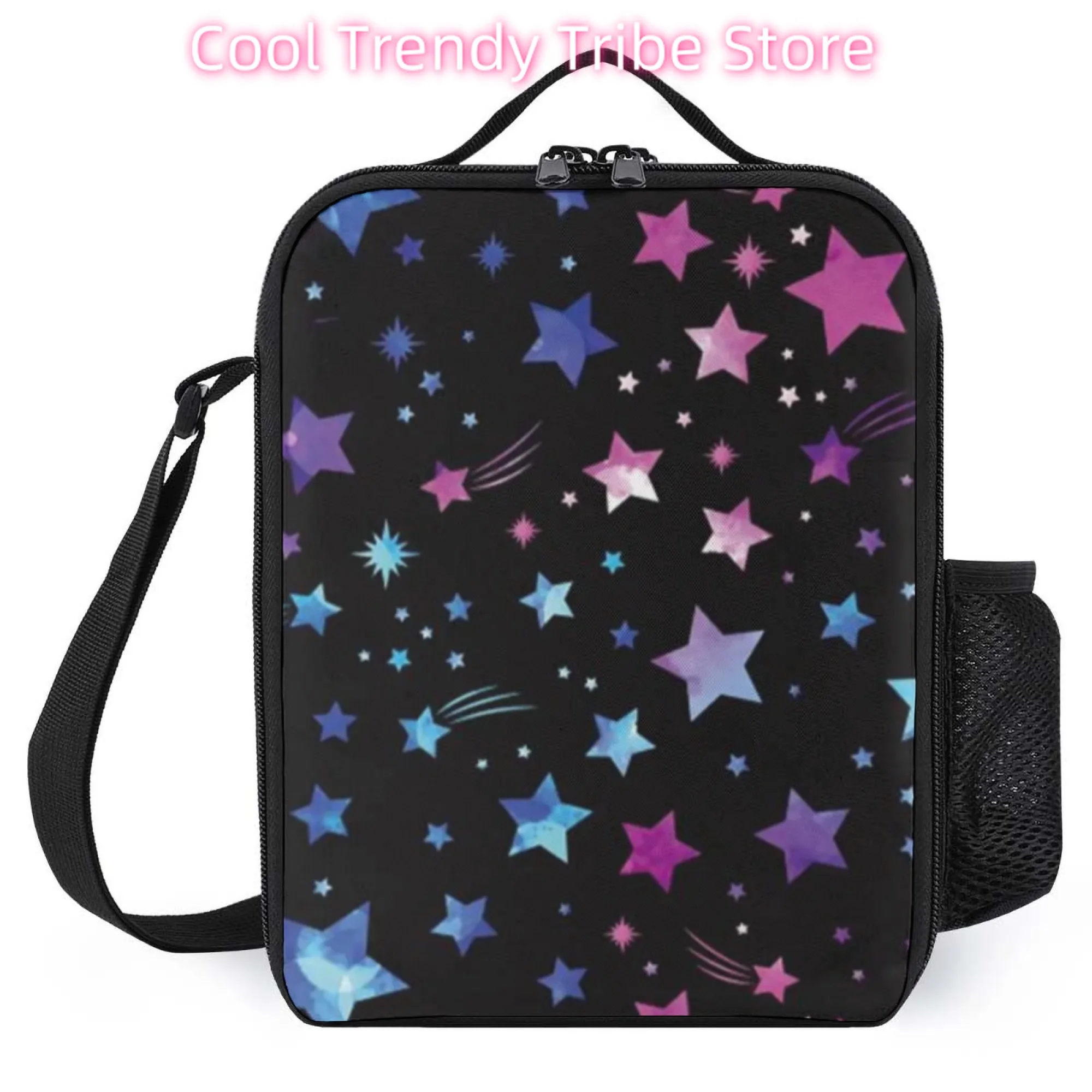 

3. Insulated Lunch Bag, Oxford Cloth Material, Vibrant Colorful Stars & Shooting Stars Pattern, Great for School/Picnic/Outdoor