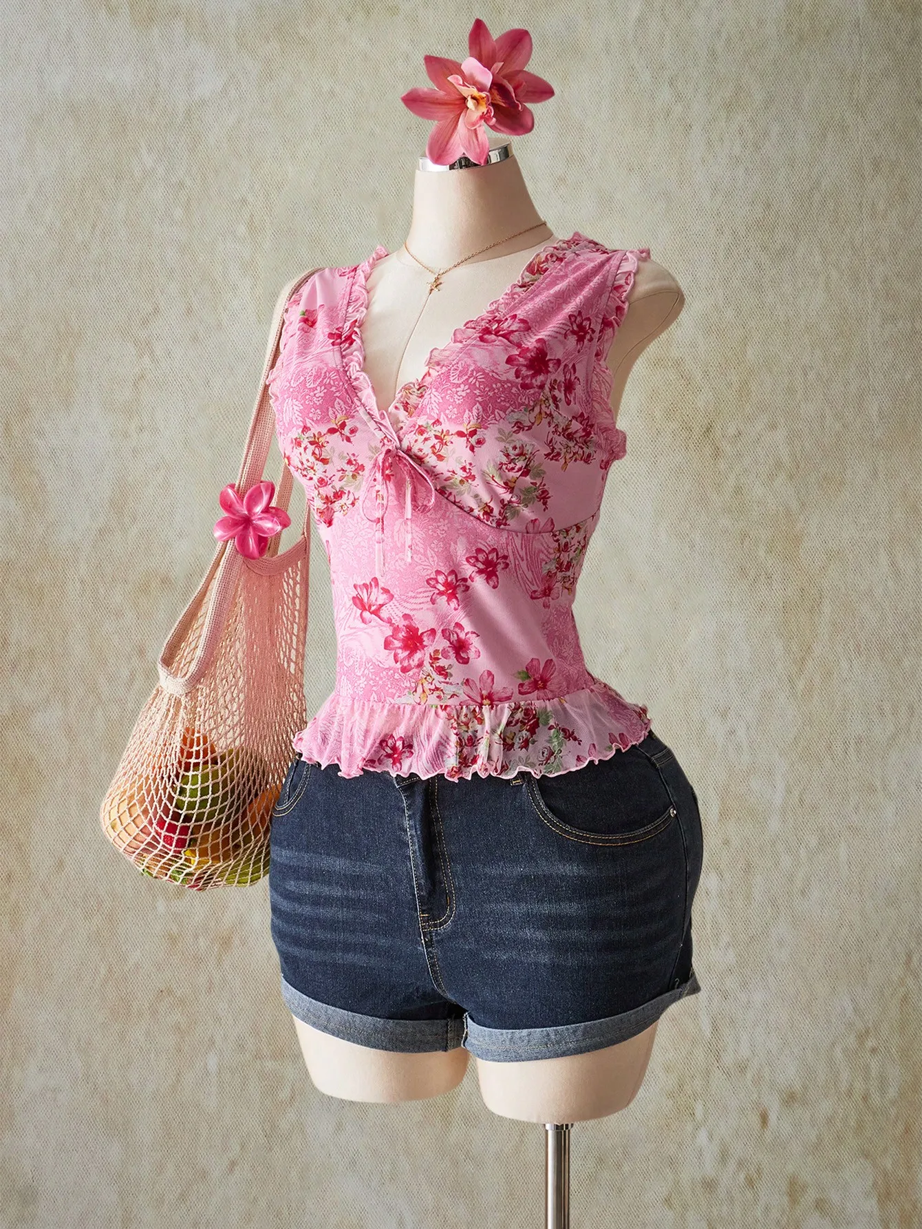 

Розовый сетчатый топ без рукавов с цветочным принтом и V-образным вырезом для женщин, летний повседневный вариант