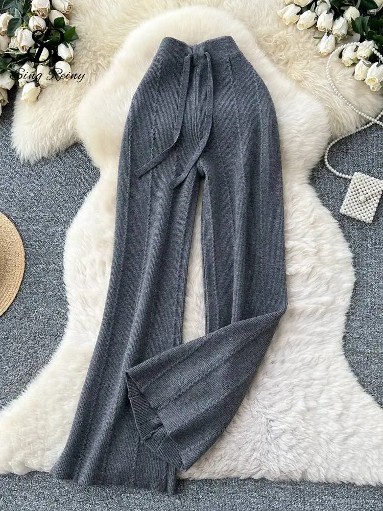 Pantalones de pierna ancha informales a la moda, pantalones de punto gruesos holgados con cordón de cintura alta elásticos para perezosos de otoño