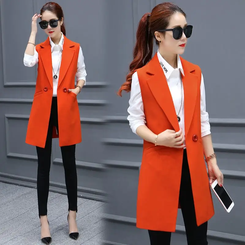 

2024 Spring Autumn New Sleeveless Shoulderless Suit Vest Casual Solid Color Flip Collar Mid Length Fashion Slim Fit Coat L17