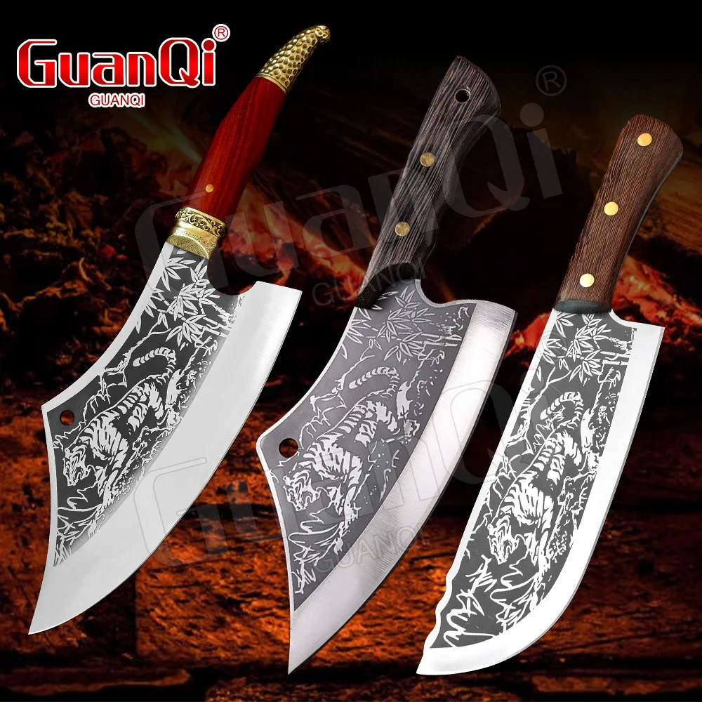 

Chef Butcher Knife Handmade Forged Tiger Grain Kitchen Knives Chinese Chopping Cleaver Knife Cooking Tools With Wood Handle