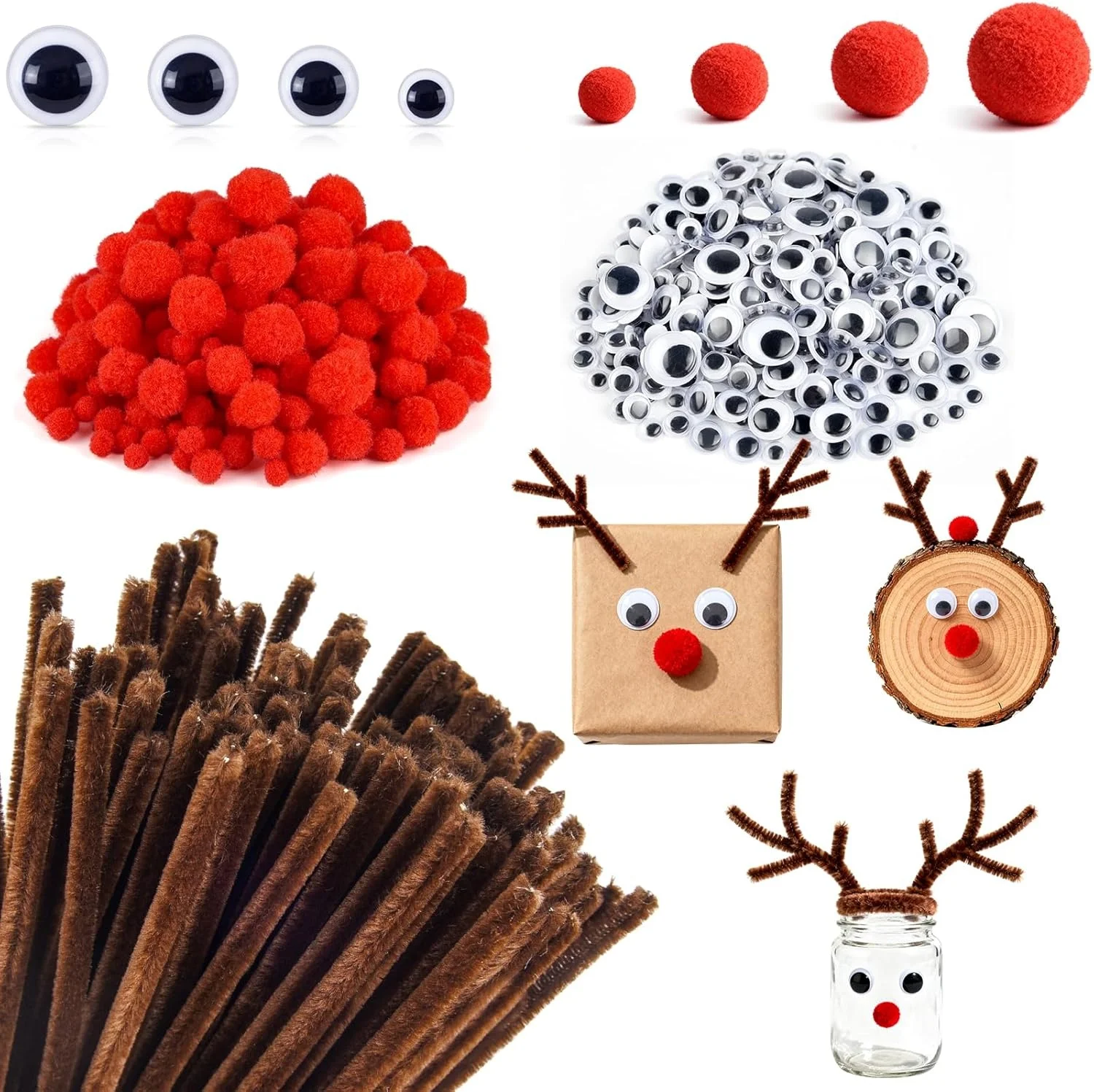 400-teiliges Bastelset für Weihnachtspfeifenreiniger, 100 braune Pfeifenreiniger, 200 rote Pompons und 100 Wackelaugen für die Weihnachtsfeier
