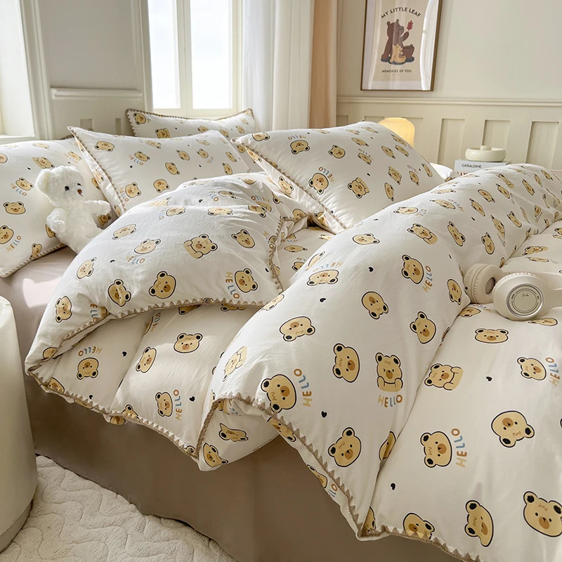 

Cute Bear Double Layer Yarn Quilt Cover Bed Sheet Pillowcase Twin Queen Size Bedding Set Girls Kids Duvet Cover Set No Filler