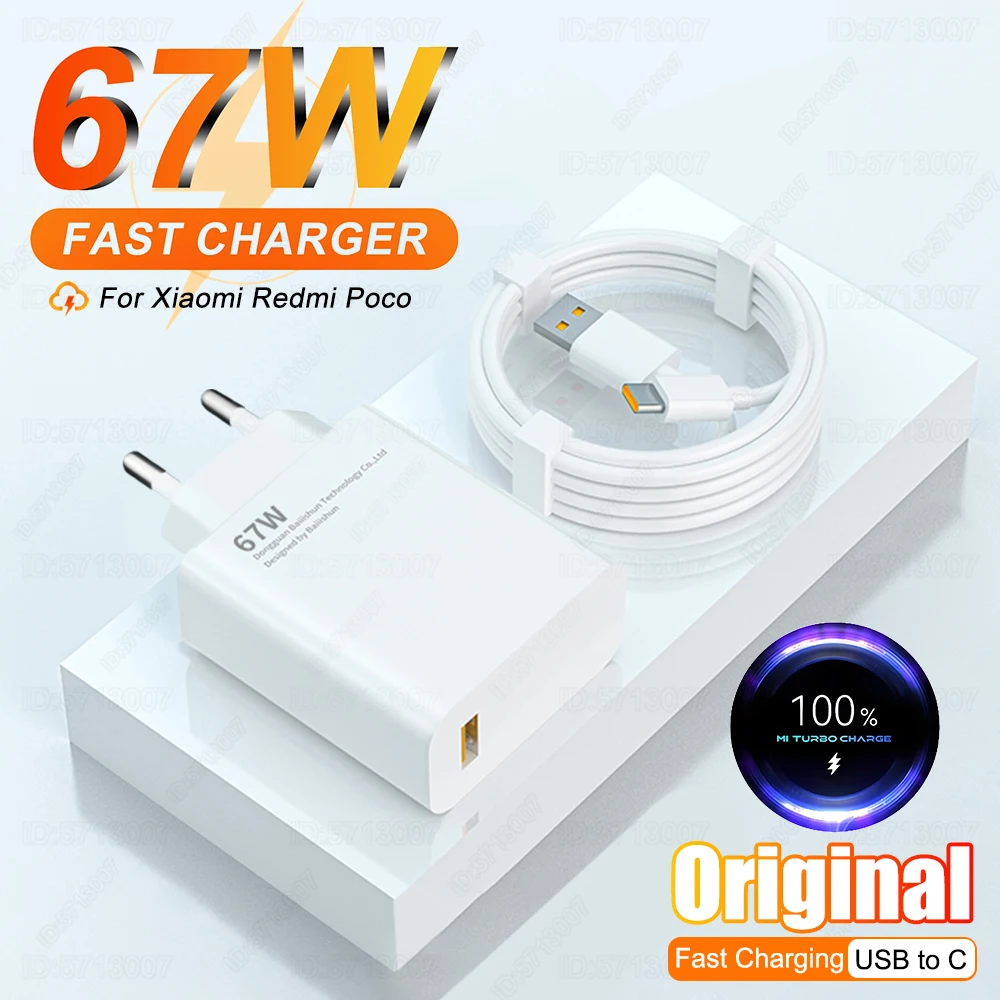 67W USB Fast Charger Quick Charging 3.0 Wall Phone Adapter for Xiaomi Redmi Poco Samsung Huawei Oneplus USB Charger Type C Cable