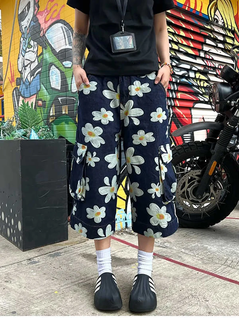 

Women's Blue Little Daisy Graphic Printed Denim Capri Pants Y2k Korean Harajuku Summer Loose Tooling Wide-Leg Shorts Street Wear