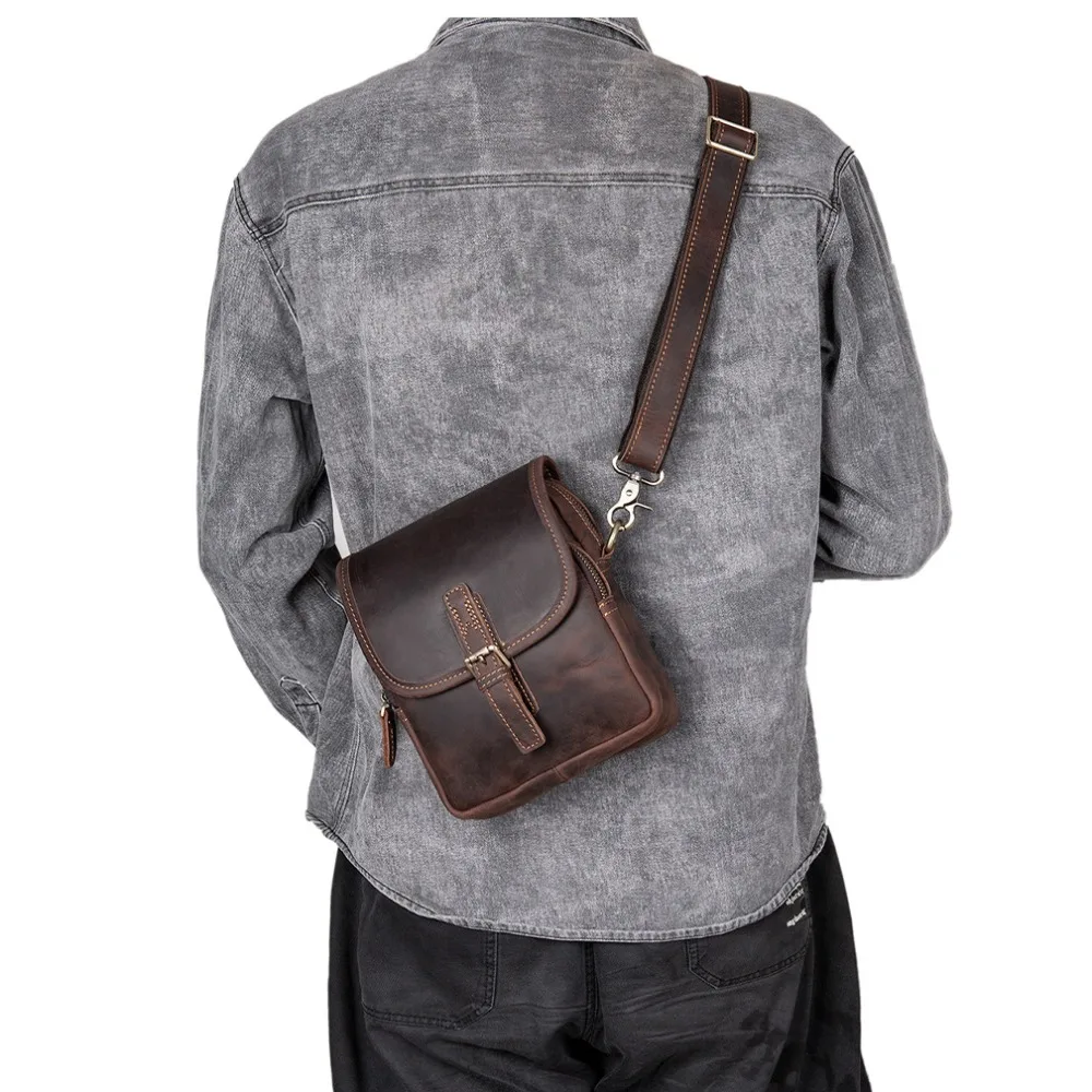 Leather men's vertical cover type first layer cowhide Crazy Horse leather crossbody shoulder retro small bag