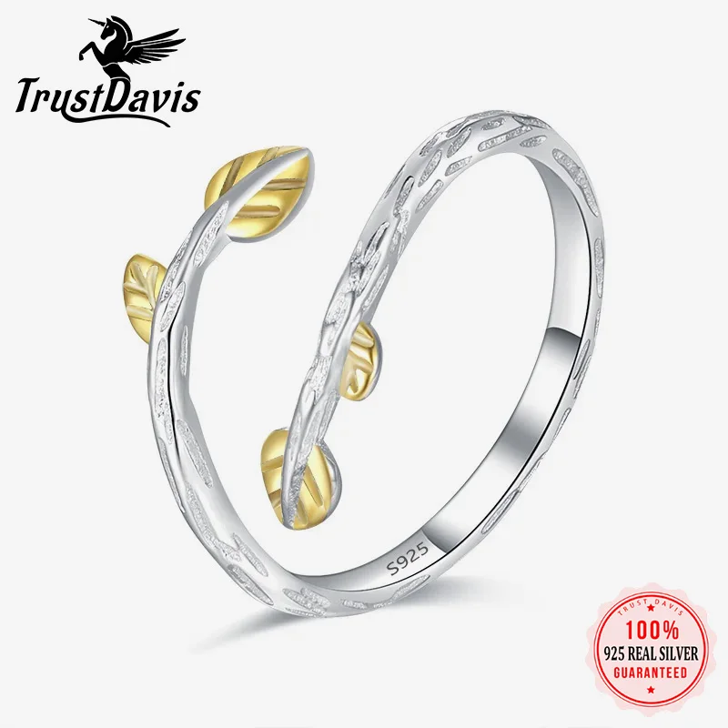 TrustsDavis 100% 925 Sterling Silver Fashion Jewelry Gold Leaves Cocktail Opening Ring Sizable 5 6 7 Girls Kids Xmas Gift DA153