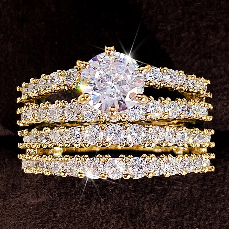 Huitan Trendy Hohl Set Ringe Voll Bling Iced Out CZ Stein Luxus Frauen Hochzeit Verlobung Ringe 2Pcs Set Schmuck drop Shipping – Detail 2