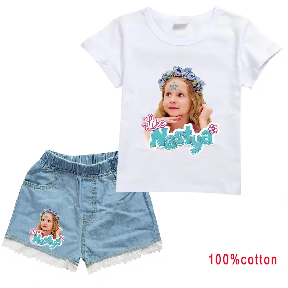 Cute Like Nastya Show Clothes Clothes Kids Cotton T-shirts + Denim Shorts 2pcs Sets Toddler Girls Casual Outfits Boys Clothing