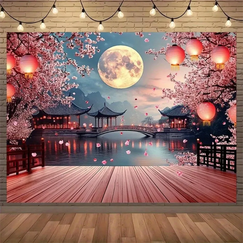Chinesischer Wind Mond Nacht Kirschblüten-Themenhintergrund, Familientreffen Party Dekoration Fotografie Studio Hintergrund Requisiten