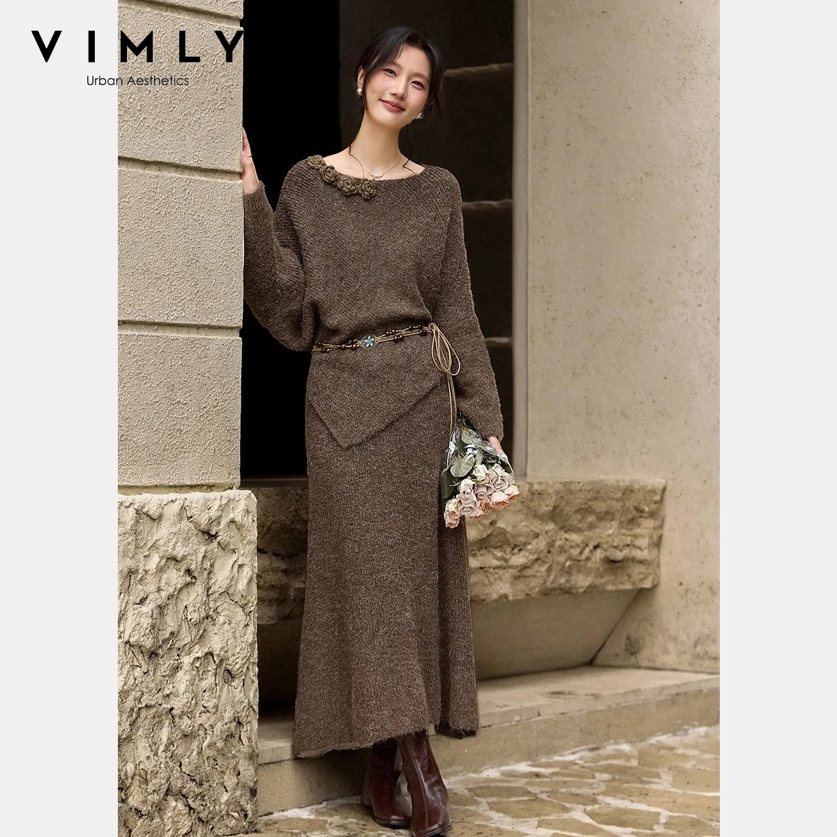 

VIMLY Women's Two Piece Skirts Sets Winter 2025 Asymmetric Hem Slash Neck Knitted Tops A Line Long Skirts Ladies Clothing 30323