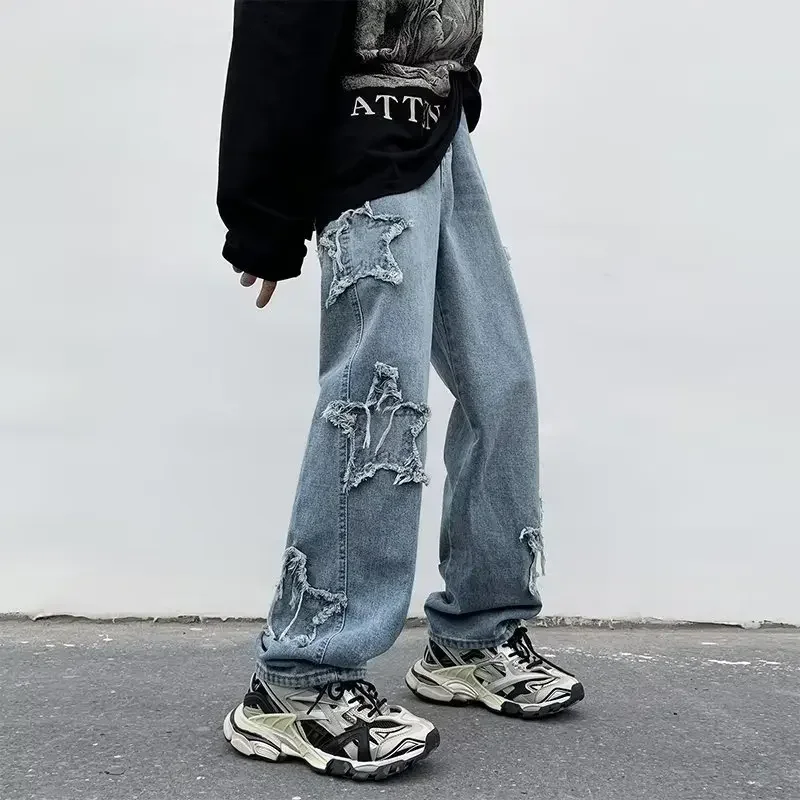 2023 New Fashion Star Embroidery Brown Men\'s Jeans Y2K Vintage Hip Hop Pants Straight Trousers Floor Slam Pants Calça Masculina