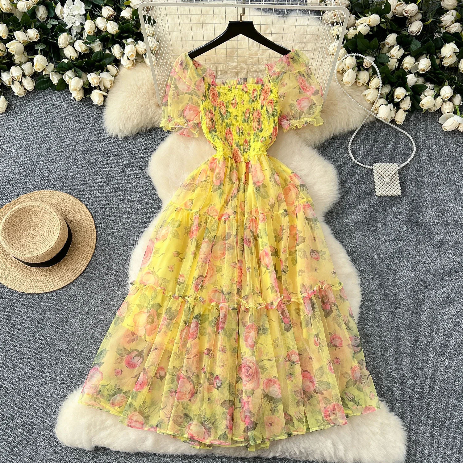 Elegant Slash Neck Vintage Short Puff Sleeve Chic Print Slim Chiffon Dresses French High Street Evening Autumn Mesh Clothing