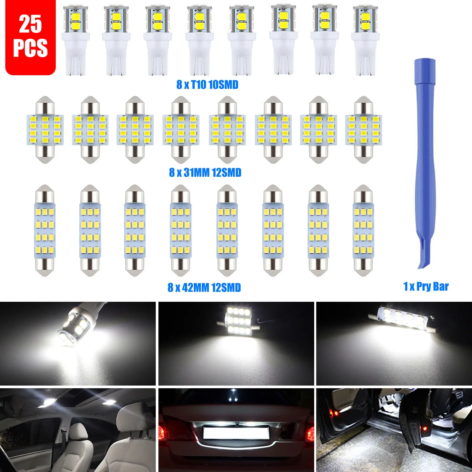 

24Pcs LED Interior Lights Bulbs Kit Car Trunk Dome Map License Plate Lamps 6500K