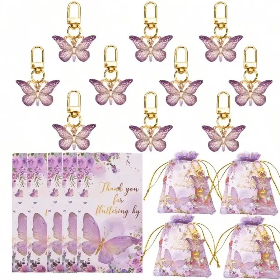 36 piezas, juego de regalo con llavero de mariposa, 12 llaveros acrílicos morados, 12 tarjetas marrones y 12 bolsas con cordón de organza, género