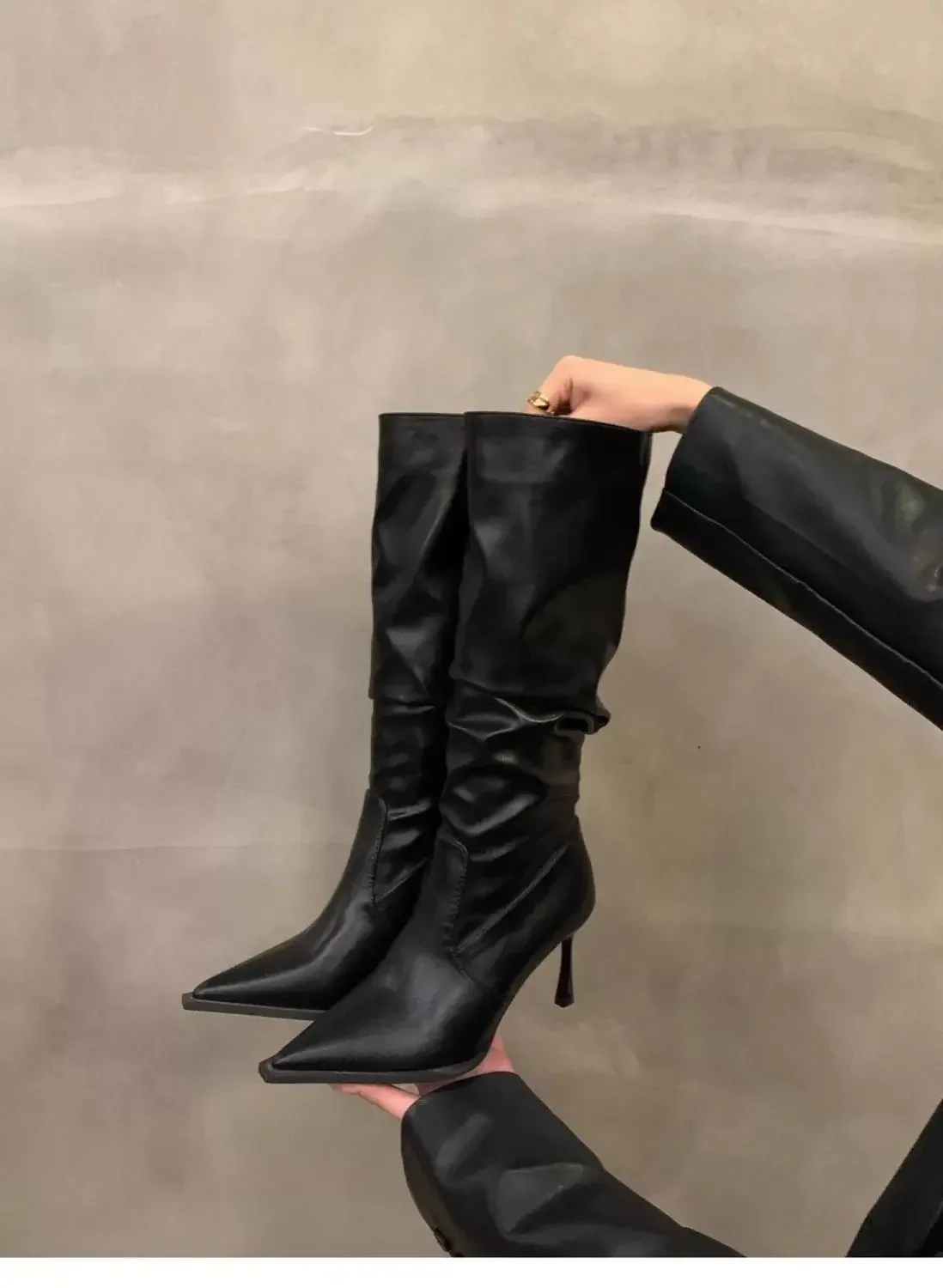 Plissierte Spitze Damen Langstiefel Street-Style High Heels Party-Stripper Damen Leder High Booties – Detail 10