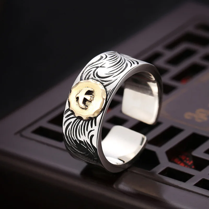 S925 Sterling Silver Male Personality Set Copper Eagle Tang Grass Pattern Feather Open Ring Trendy Retro Single Food Ring