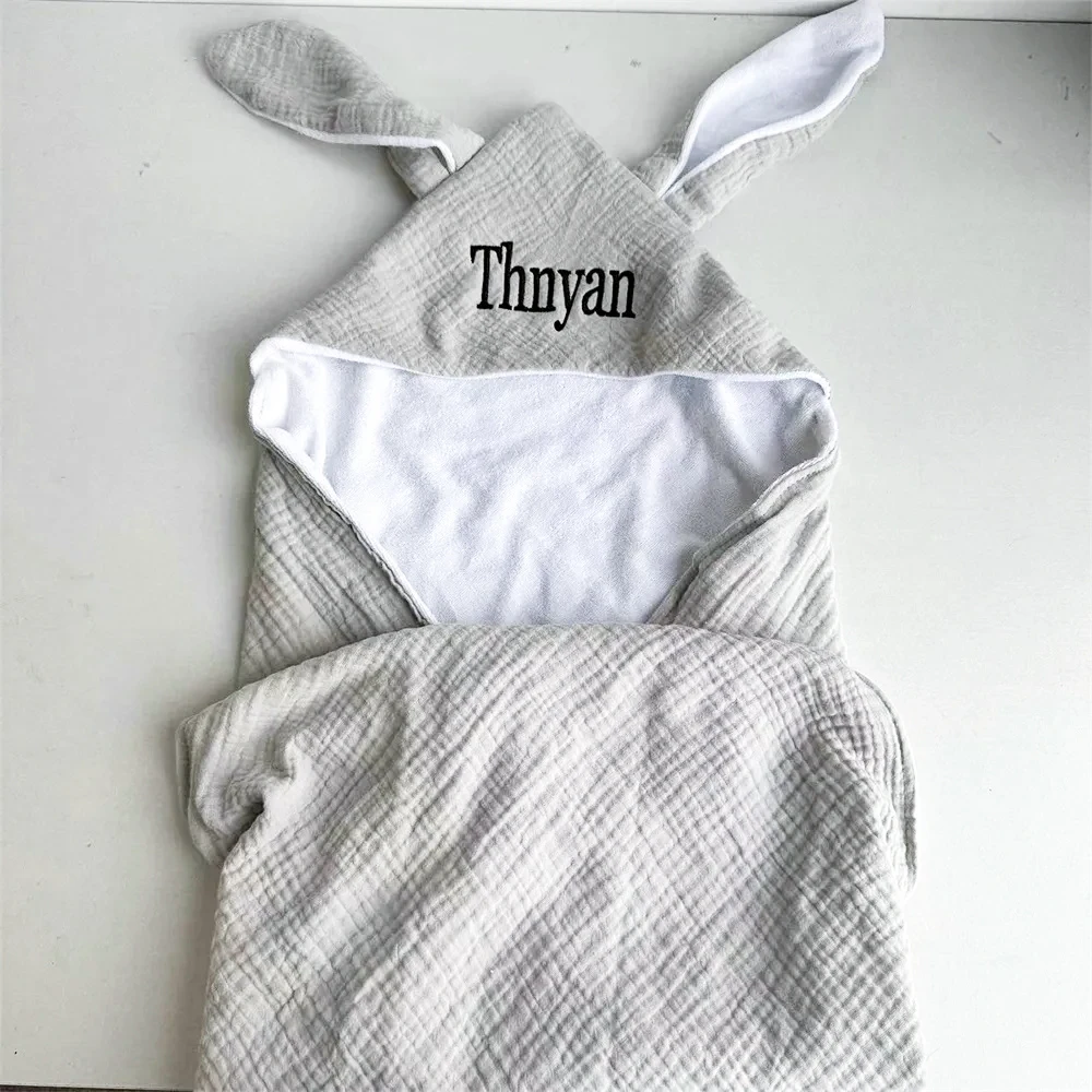 Personalized Name Baby Bath Towel Pure Cotton Double Layer Gauze Baby Cloak Rabbit Ear Towel Boys and Girls\' Hooded Bathrobe