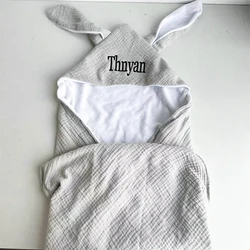 Personalized Name Baby Bath Towel Pure Cotton Double Layer Gauze Baby Cloak Rabbit Ear Towel Boys and Girls' Hooded Bathrobe