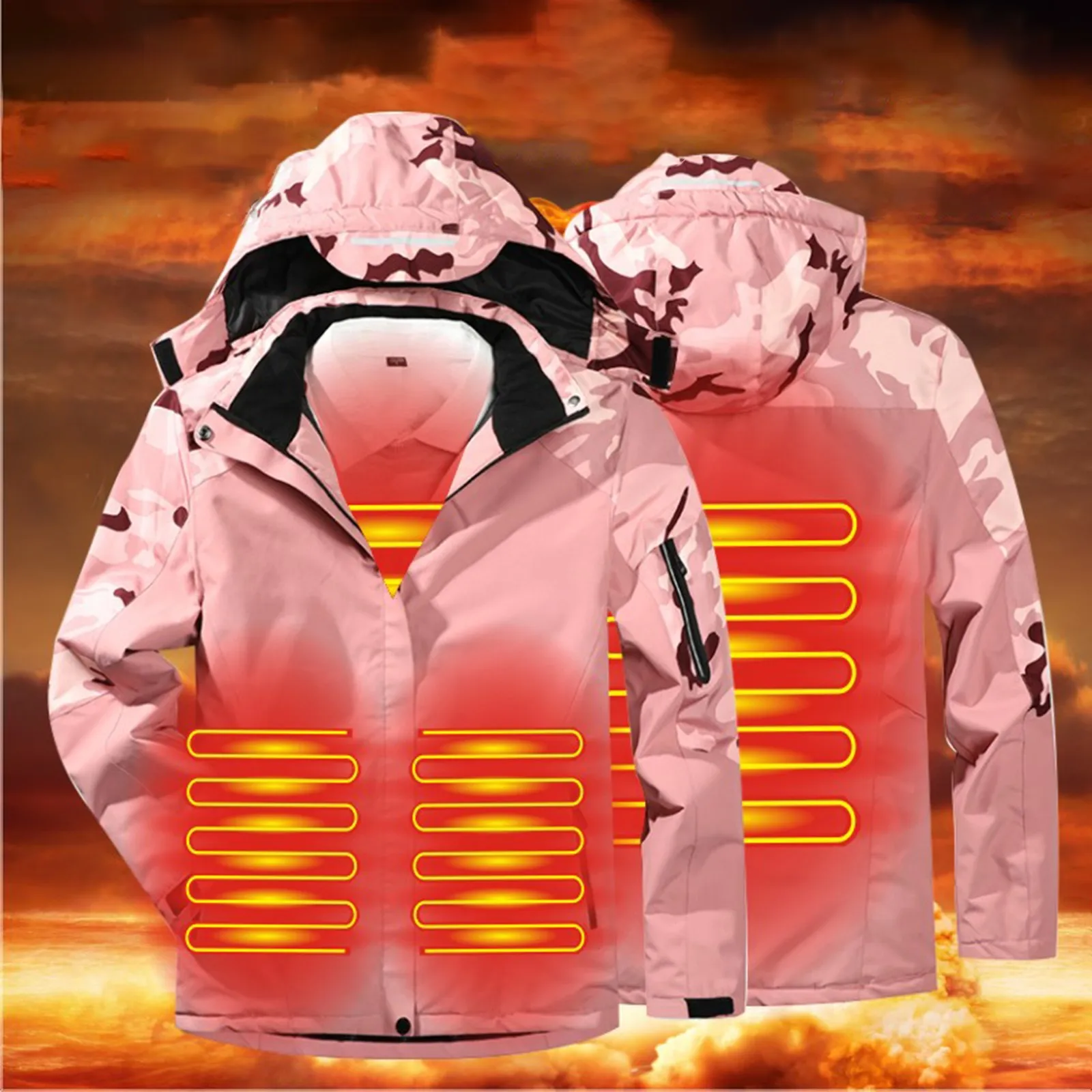 Pink Womens Rain Jacket Detachable 3 Hat Coat Area Heating Warm Windproof Heating Charging Hiking Bomber Jackets Female Overcoat