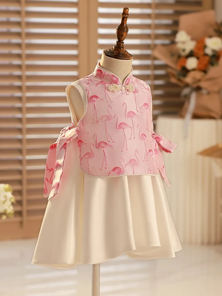 2-teiliges rosa A-Linie Blumen mädchen kleid für Hochzeits mädchen Flamingo kleid zum Geburtstag Satin Tauf gala für 1-14 Kinder – Detail 5