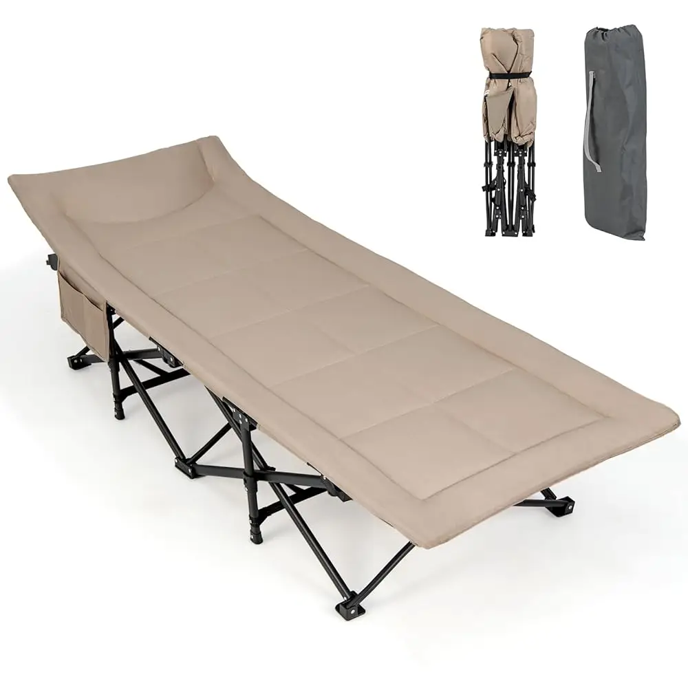 Folding Camping Cot For Adults - Sleeping Cot Bed With Carry Bag, Cushion & Headrest, 10 Foots, Double Layer Pad, Portable