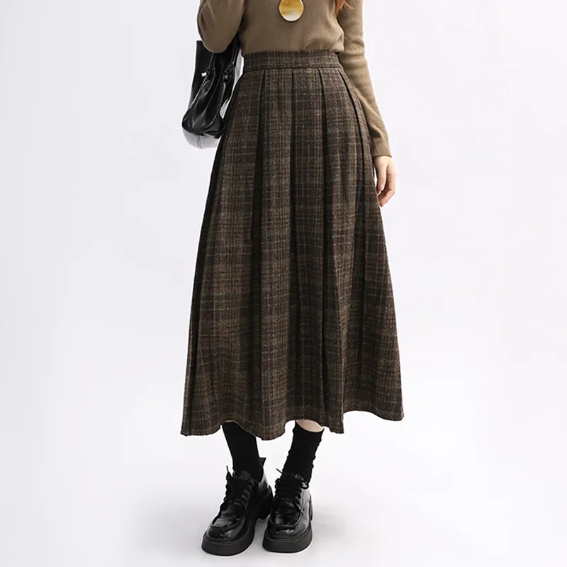 ウールチェック柄のスリムハイウエストAラインスカート、女性用秋冬、高品質、通勤、プリーツミディスカート