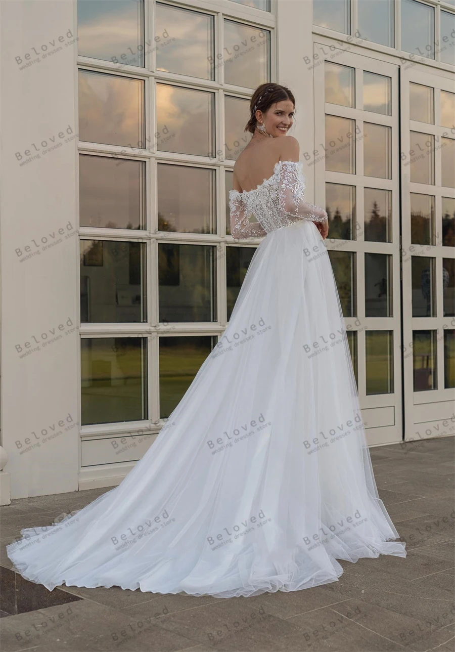 Vestidos de casamento com apliques vintage, Fora dos vestidos de ombro, Vestidos de noiva clássicos, Festa formal