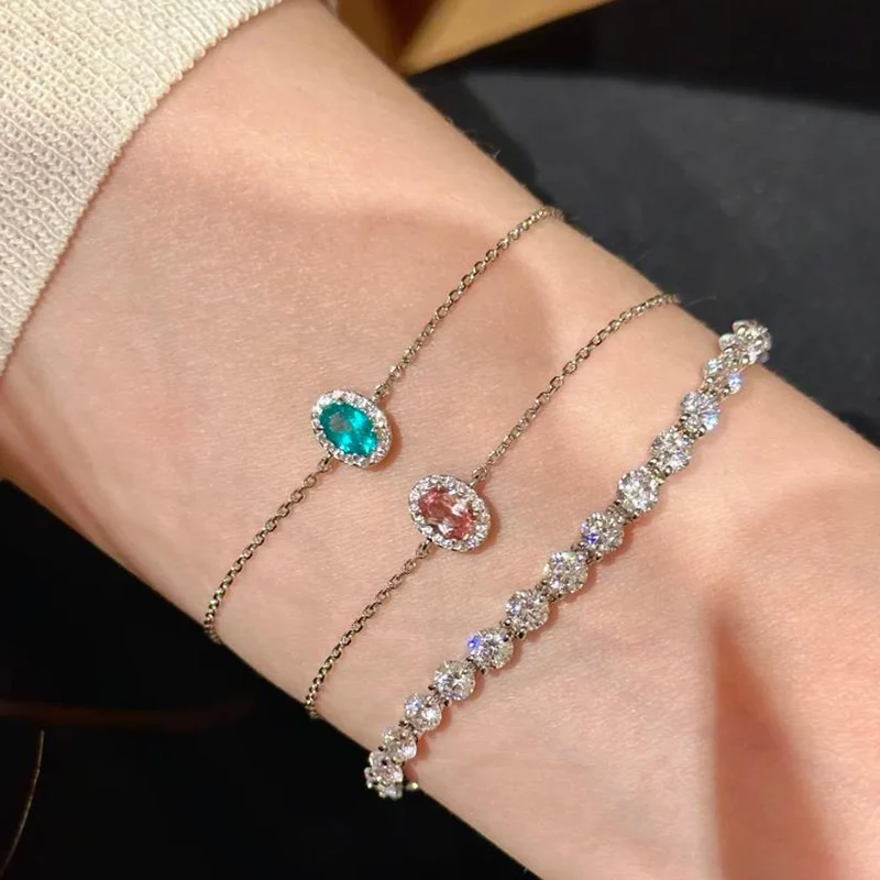 Neon Blue Mini Oval Crystal Bracelet Light Luxury Commuter Pink Zircon Bracelets Adjustable Jewelry Birthday Gift For Women