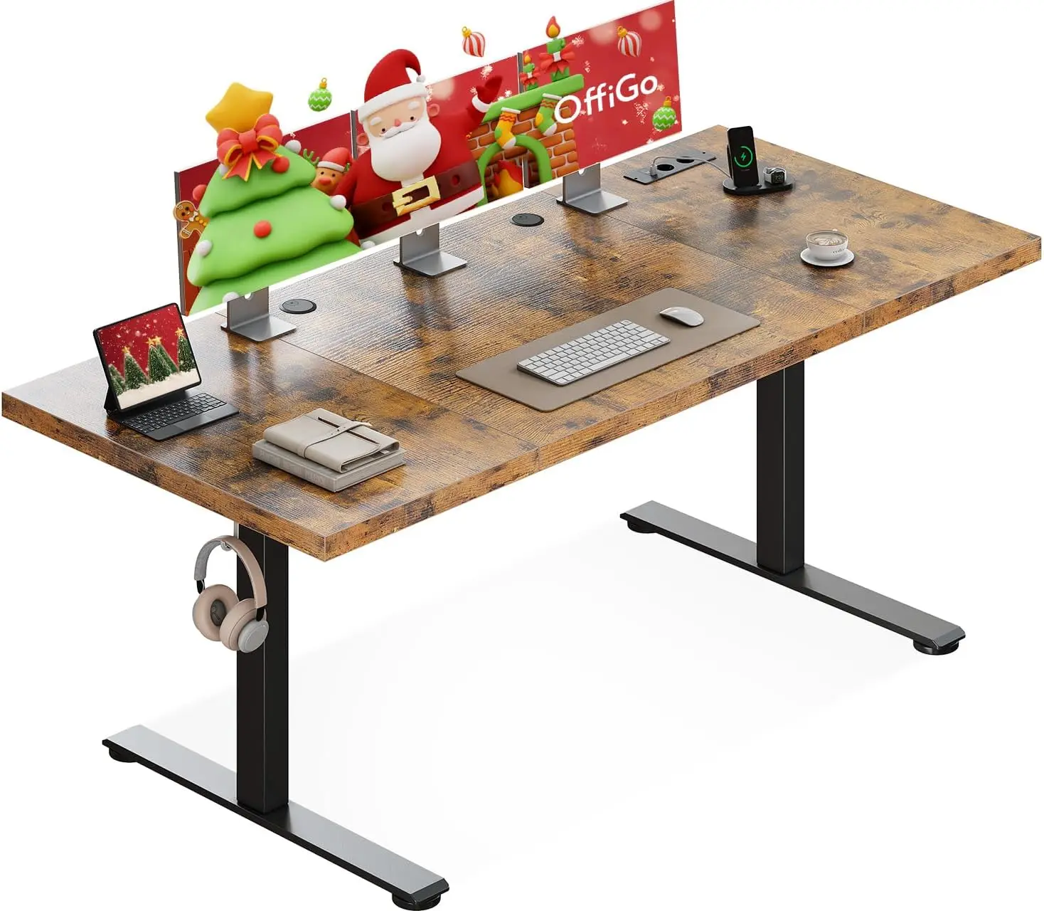 Mesa Elétrica OffiGo com Altura Ajustável 180x70 cm, Tampo de 35MM com Tomada, Marrom