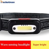 Smart Motion Sensor COB LED Headlamp Waterproof Wave Sensing Head Lamp Super Bright USB Rechargeable Headlight with Battery