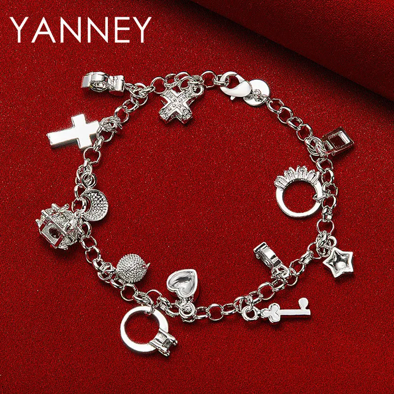 

New 925 Sterling Silver 8 Inches Fine Star/Moon/Heart Zircon Bracelet For Women Charm Fashion Wedding Party Jewelry Gifts