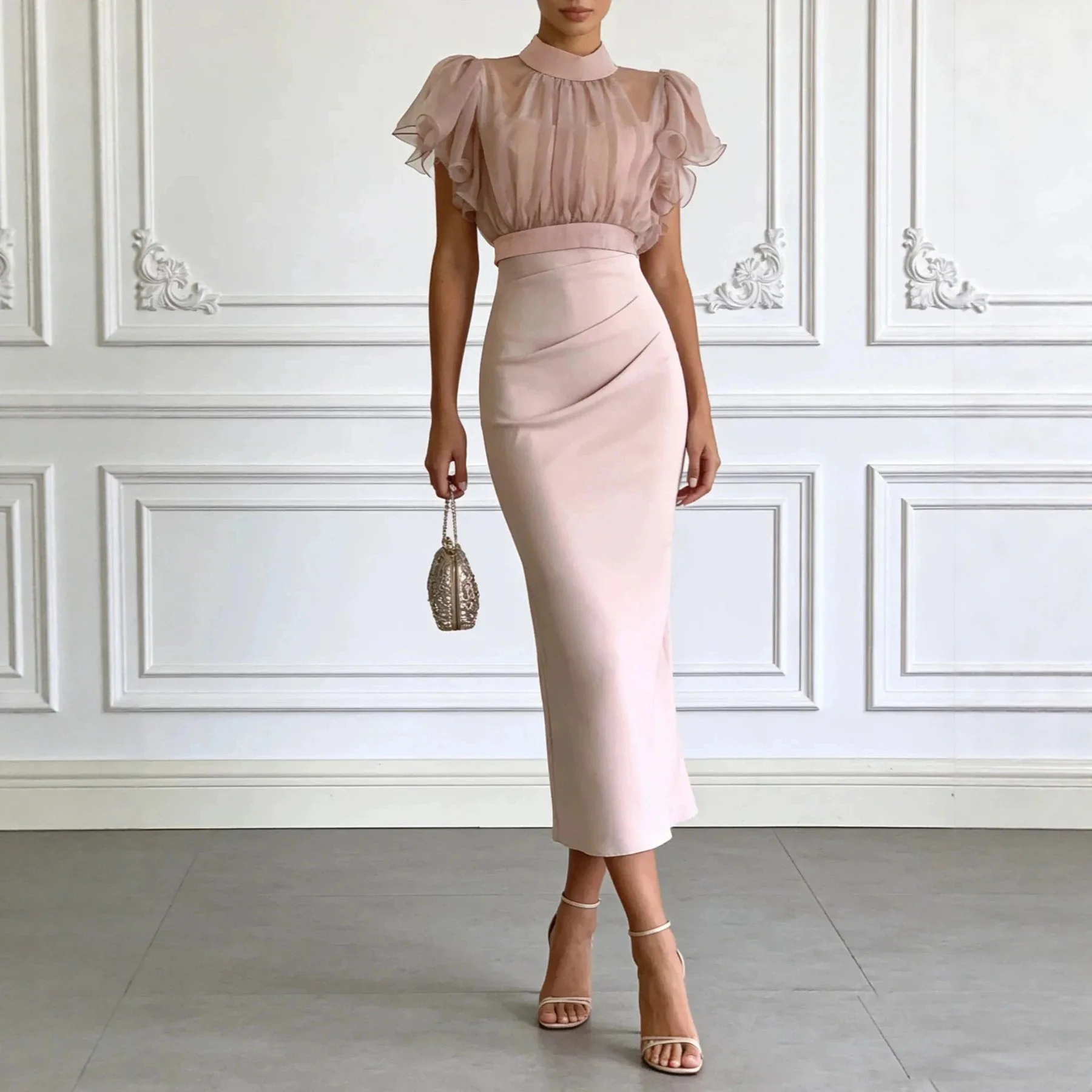 Women High Neck Sheer Mesh Ruffle Sleeve Midi Dress Pleated Detail Waist Bodycon Dress For Evening Social And Party Gatherings