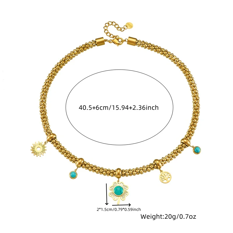 MEYRROYU 316L Stainless Steel Oval Turquoise Necklace For Women Girl 2024 New Trend Golden Flowers Chain Waterproof Jewelry Gift