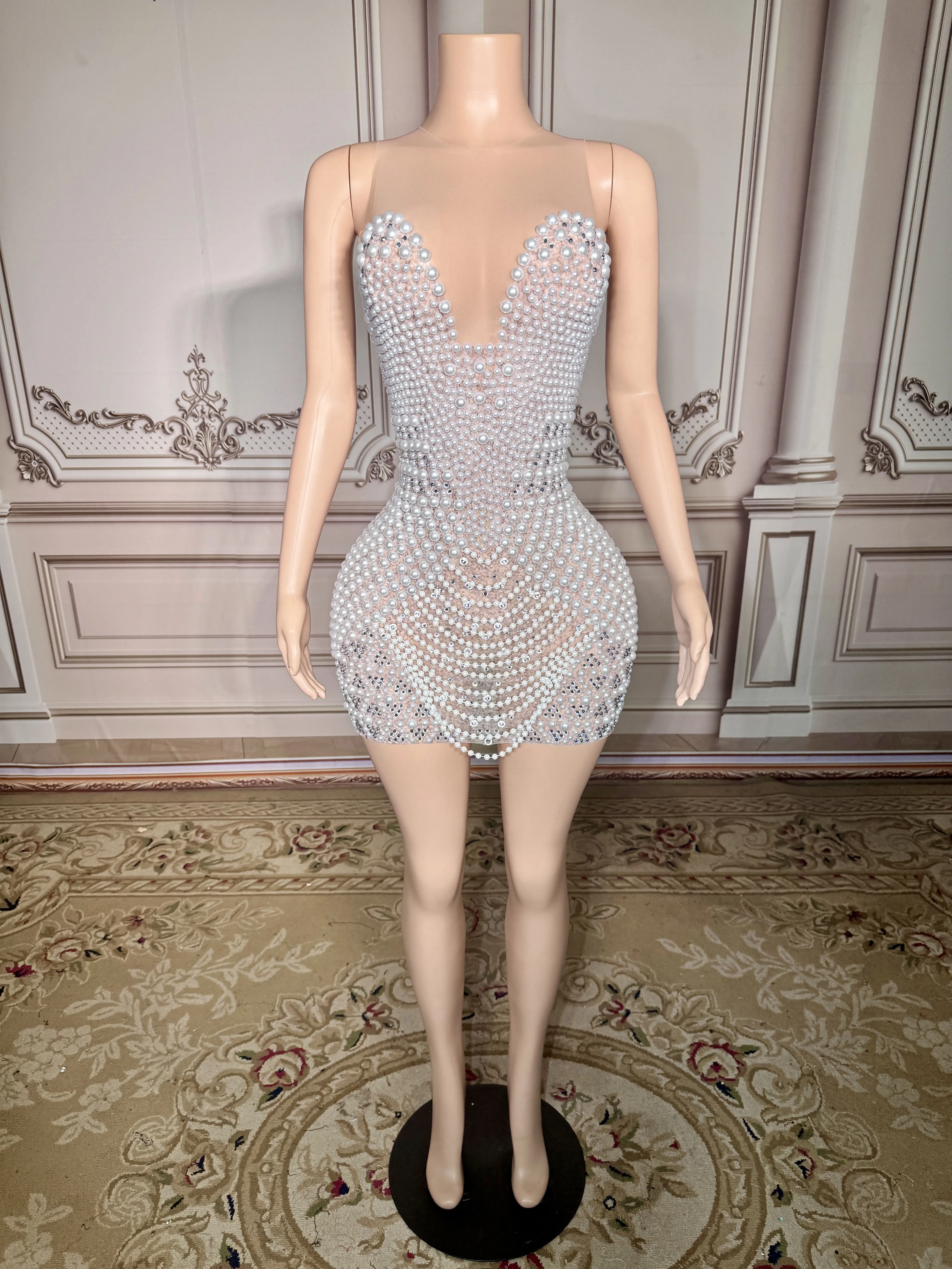 ZD New Mesh Dress Luxury Evening Celebrate Prom Birthday Party Transparent Rhinestones Short Singer Stage Wear
