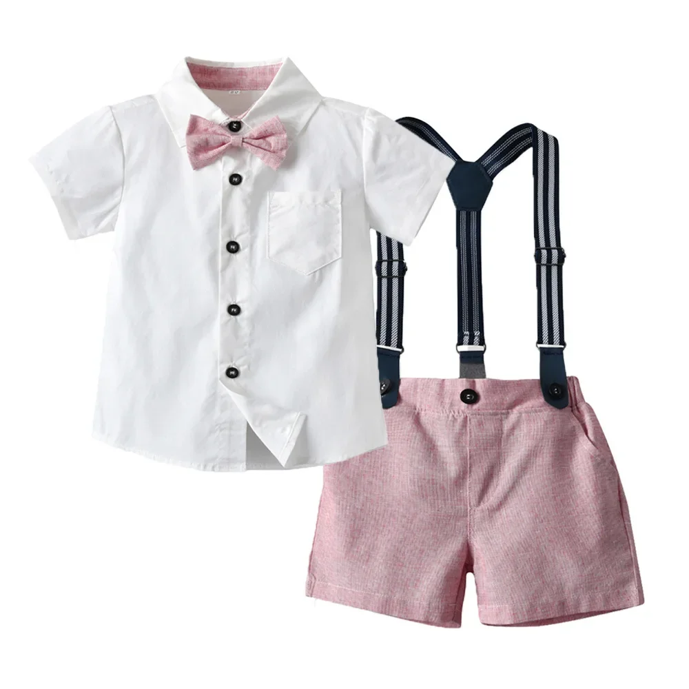 Conjunto de camisa de manga curta infantil e calções de gravata borboleta, roupa de lapela cerimonial menino, vestido elegante, verão