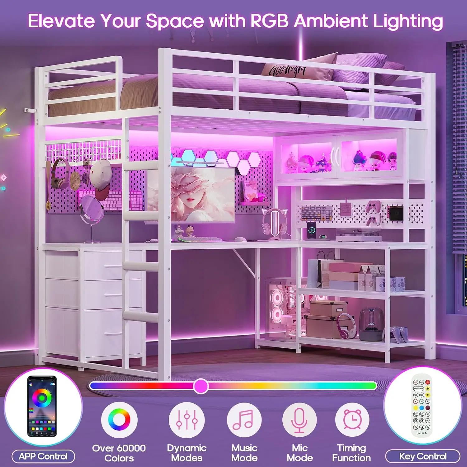 Twin Gaming Loft Bed with Desk, White Metal Frame with RGB Acrylic Hutch, 3 Storage Drawers, Shelves, Pegboard, Power Outlet image 6