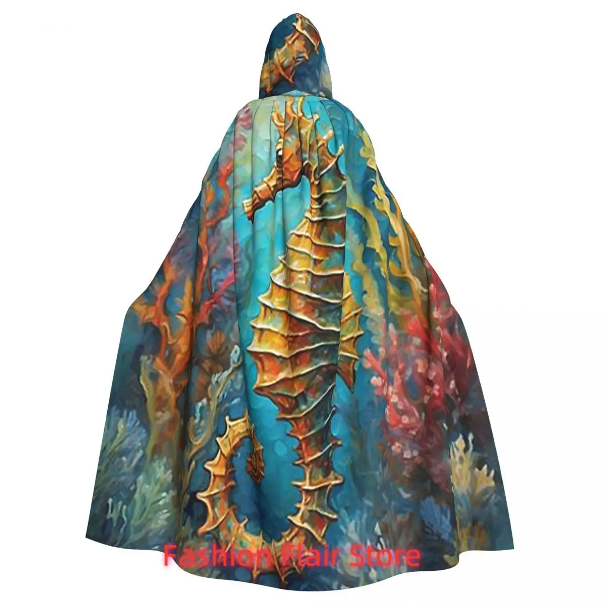 Caballito de mar entre corales vibrantes y algas marinas oscilantes capa larga con capucha disfraz de bruja capa de Cosplay abrigo de Halloween adulto Unisex