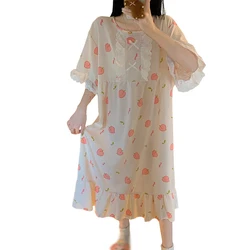 Short Sleeves Nightgowns Summer Thin Loose Nightdress Homewear Girls Sweet Princess Style Printing Sleepwear Women Home Dress