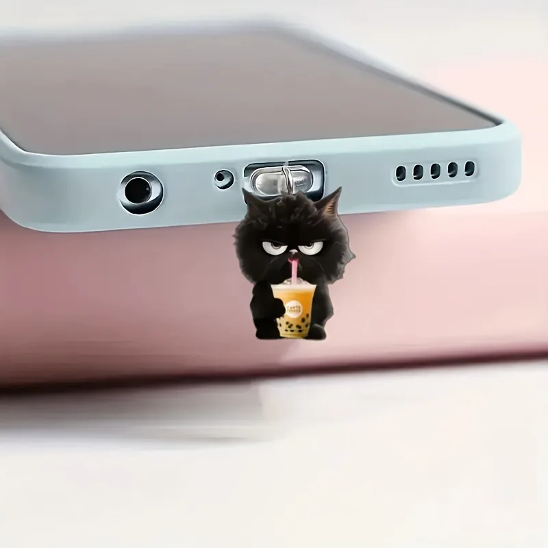 Capa acrílica para celular, chá de leite, cachorro, universal, poeira, com pingente brilhante, compatível com tipo C