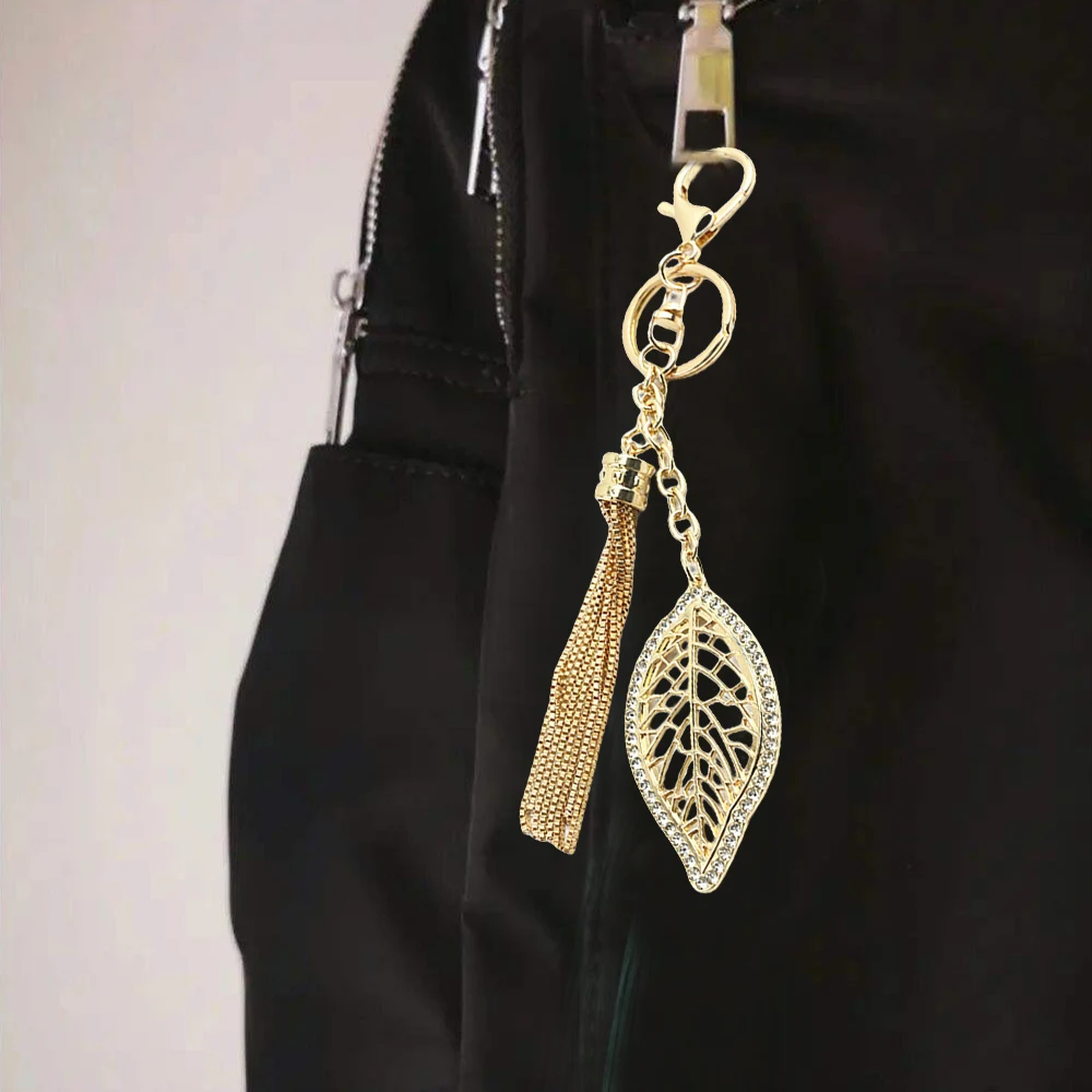 Creative Leaf Shape Keychains With Metal Tassel Chain Rhinestones Bag Hanging Pendant Charms Diy Bag Accessories Ornament