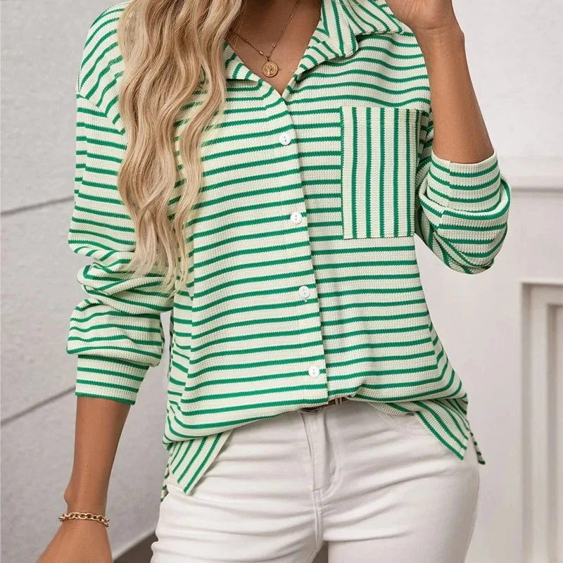 

Camisas De Mujer Lapel Button Pockets Versatile Striped Loose Spring And Summer Women's Versatile Long-sleeved Casual Shirt Tops